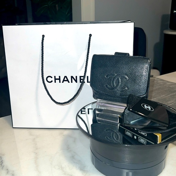 AUTHENTIC CHANEL CAVAIR LEATHER BIFOLD COMPACT WALLET BUNDLE - Picture 1 of 14